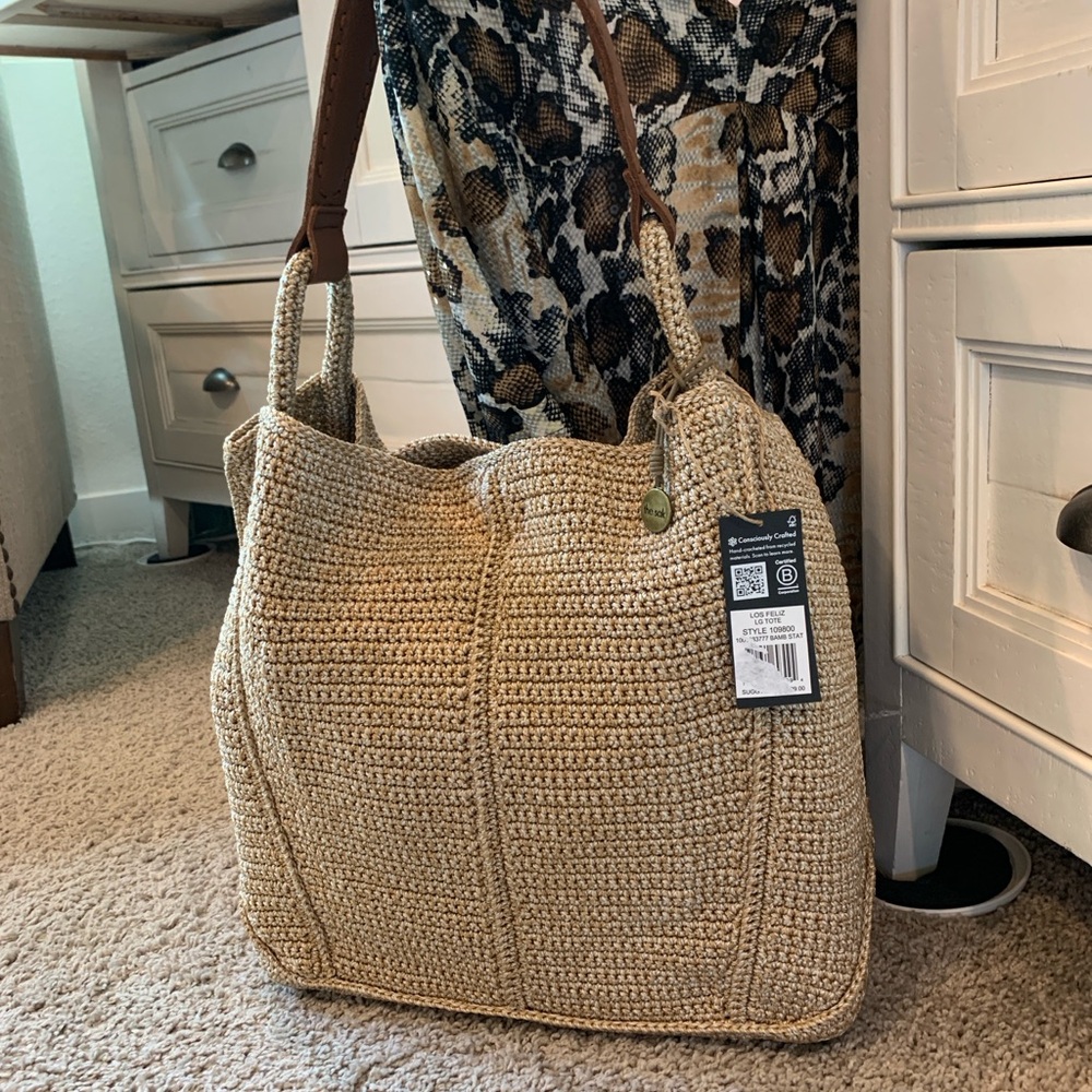 NWT The Sak Tan Crochet Large Tote with Brown Leather Handles Originally $299 - Picture 5 of 12